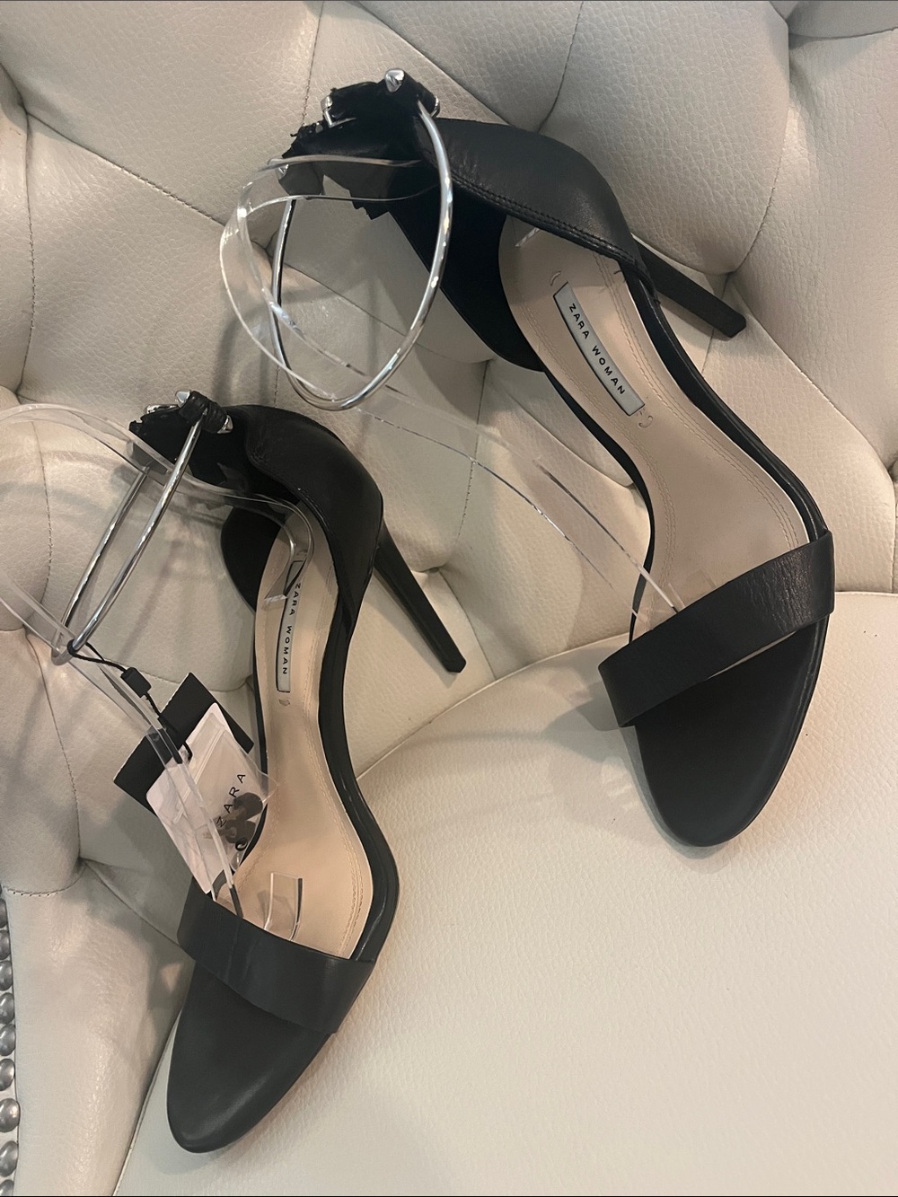 Zara Black Leather Metal Ankle-Strap Heels back zipper Beautiful Rare Find